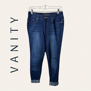 0790. VANITY‎ JEAN JEGGINGS DARK WASH CUFFED BOTTOMS RAW HEM SIZE MEDIUM SHORT